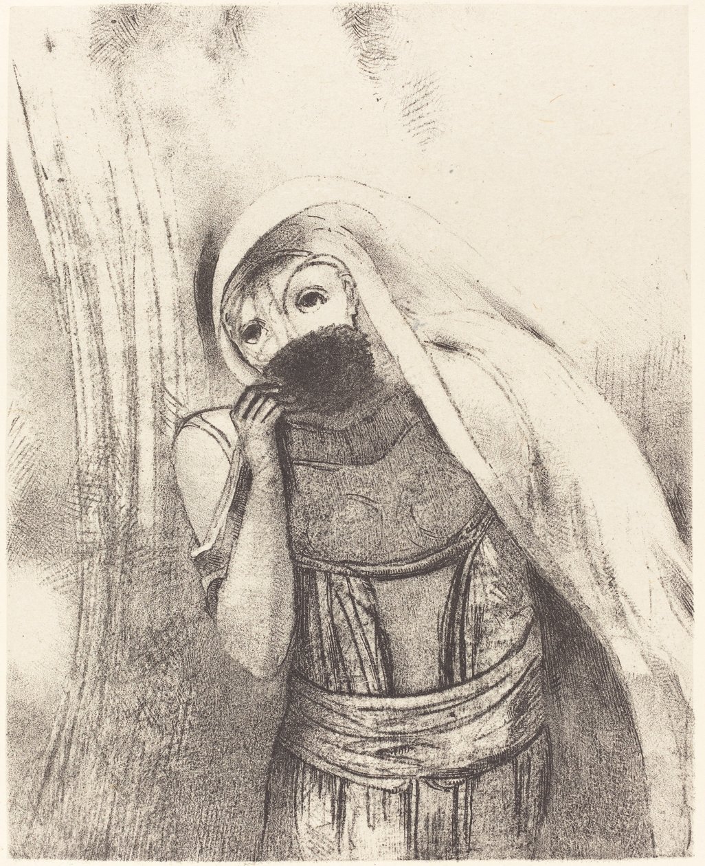 Hun trekker fra barmen en helt svart svamp og dekker den med kyss av Odilon Redon