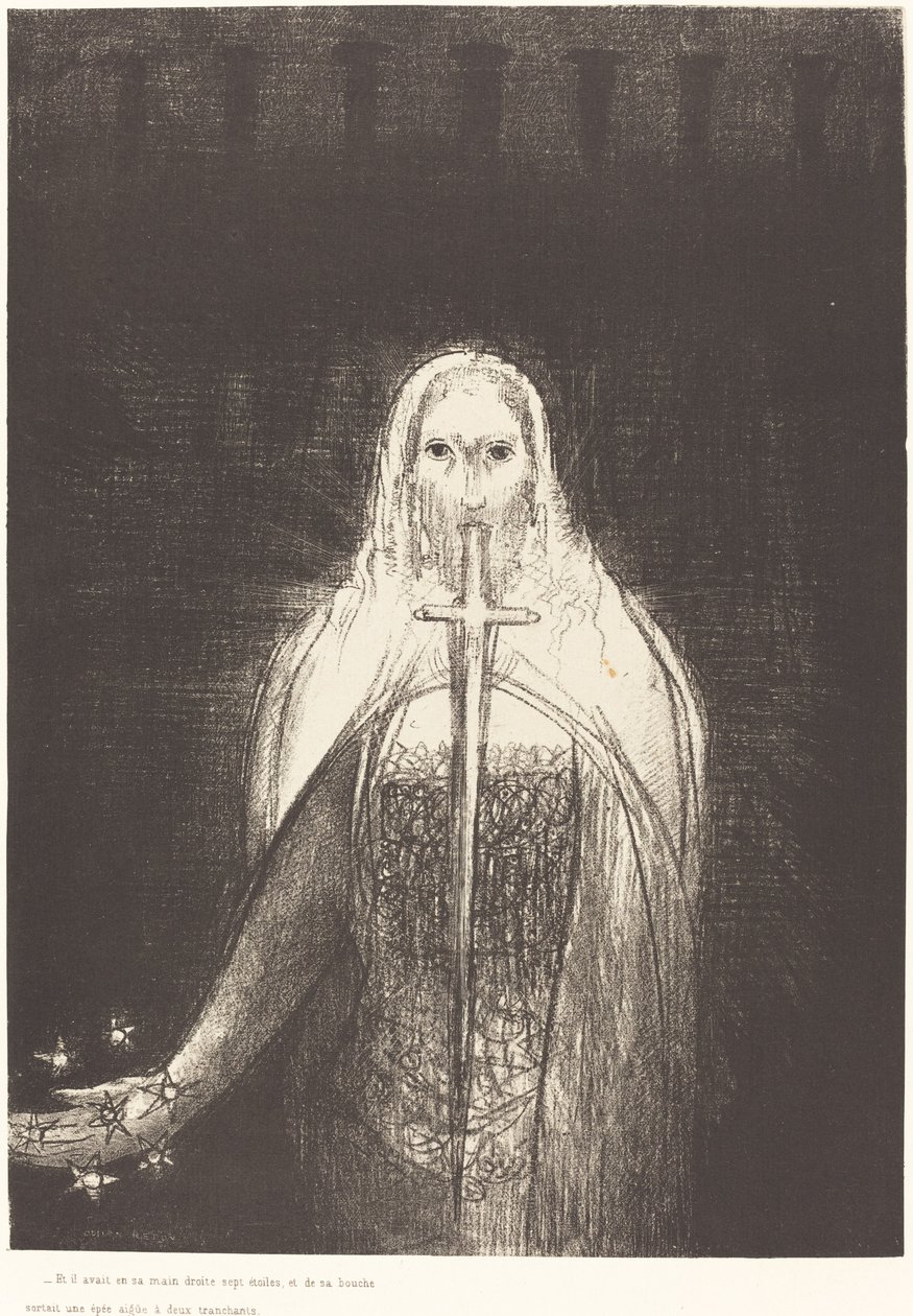 Og han hadde syv stjerner i sin høyre hånd, og ut av hans munn gikk et skarpt tveegget sverd av Odilon Redon