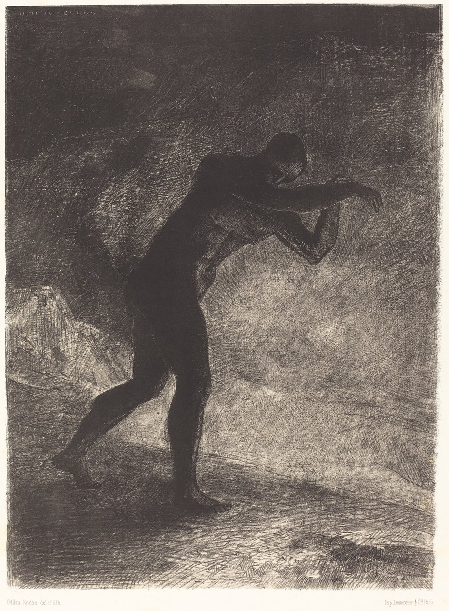 Og mennesket dukket opp, og spurte jorden som han kom ut fra og som tiltrekker ham, han tok veien mot dyster lysstyrke) av Odilon Redon