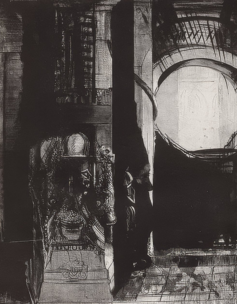 Og overalt er basaltsøyler,? Lyset faller fra hvelvene, Blatt 3 der Folge La Tentation de Saint-Antoine. 1896 av Odilon Redon