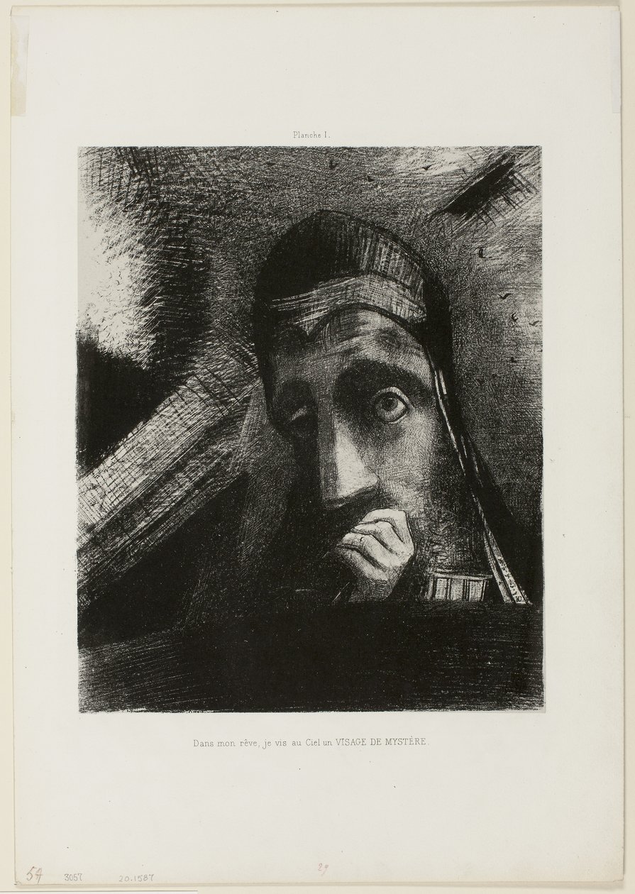 Face of Mystery (I min drøm så jeg i himmelen et FACE OF MYSTERY), plate 1 fra Homage to Goya av Odilon Redon