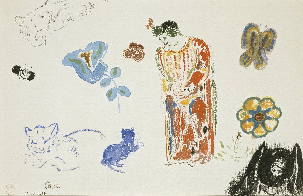 Studieark: kvinne, blomster og dyr av Odilon Redon