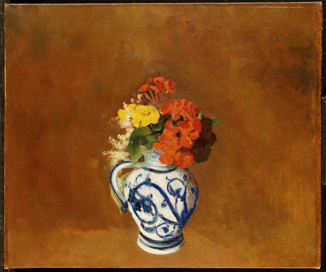 Pelargonier og andre blomster i en stentøysvase av Odilon Redon