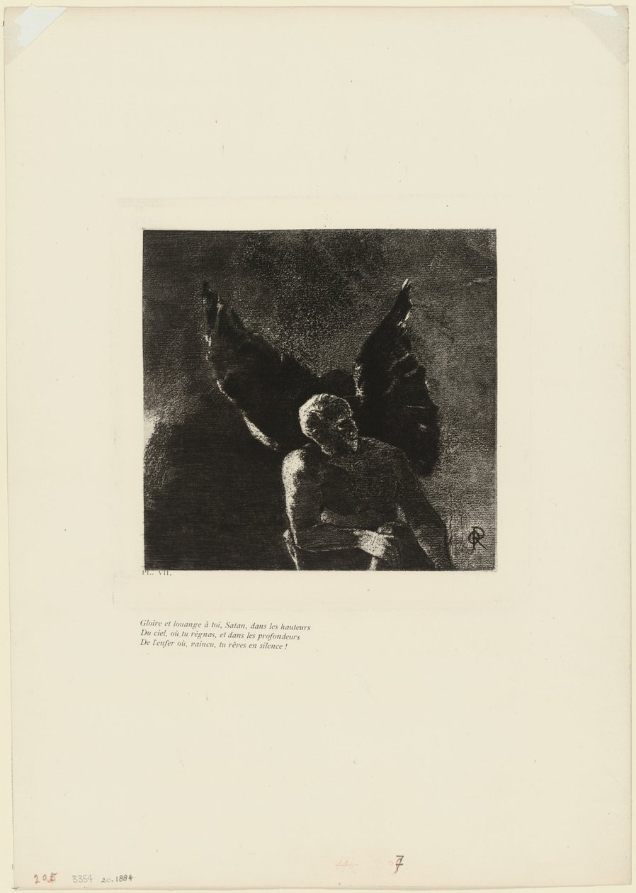 Ære og pris til deg, Satan, i himmelens høyder, hvor du regjerte, og i helvetes dyp, hvor, beseiret, du drømmer i stillhet!, plate 8 av 9 av Odilon Redon