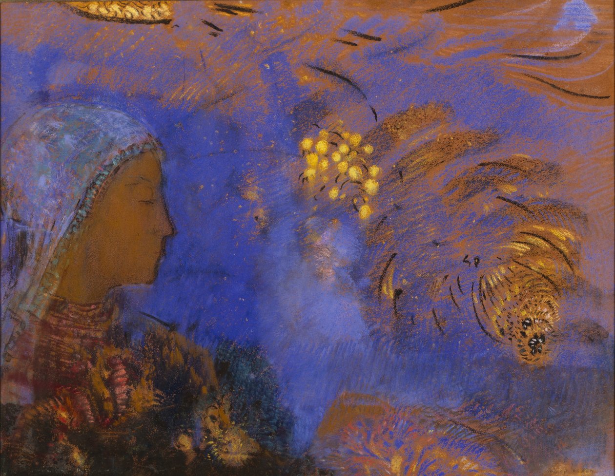 Hodet til en kvinne (pastell på brunt papir) av Odilon Redon
