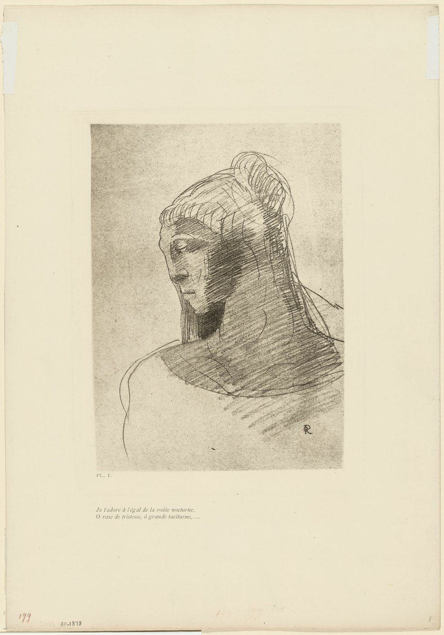 I Adore You as I Adore the Vault of the Night Sky, O Vessel of Sadness, O Tall Silent Woman, plate 2 av 9 av Odilon Redon