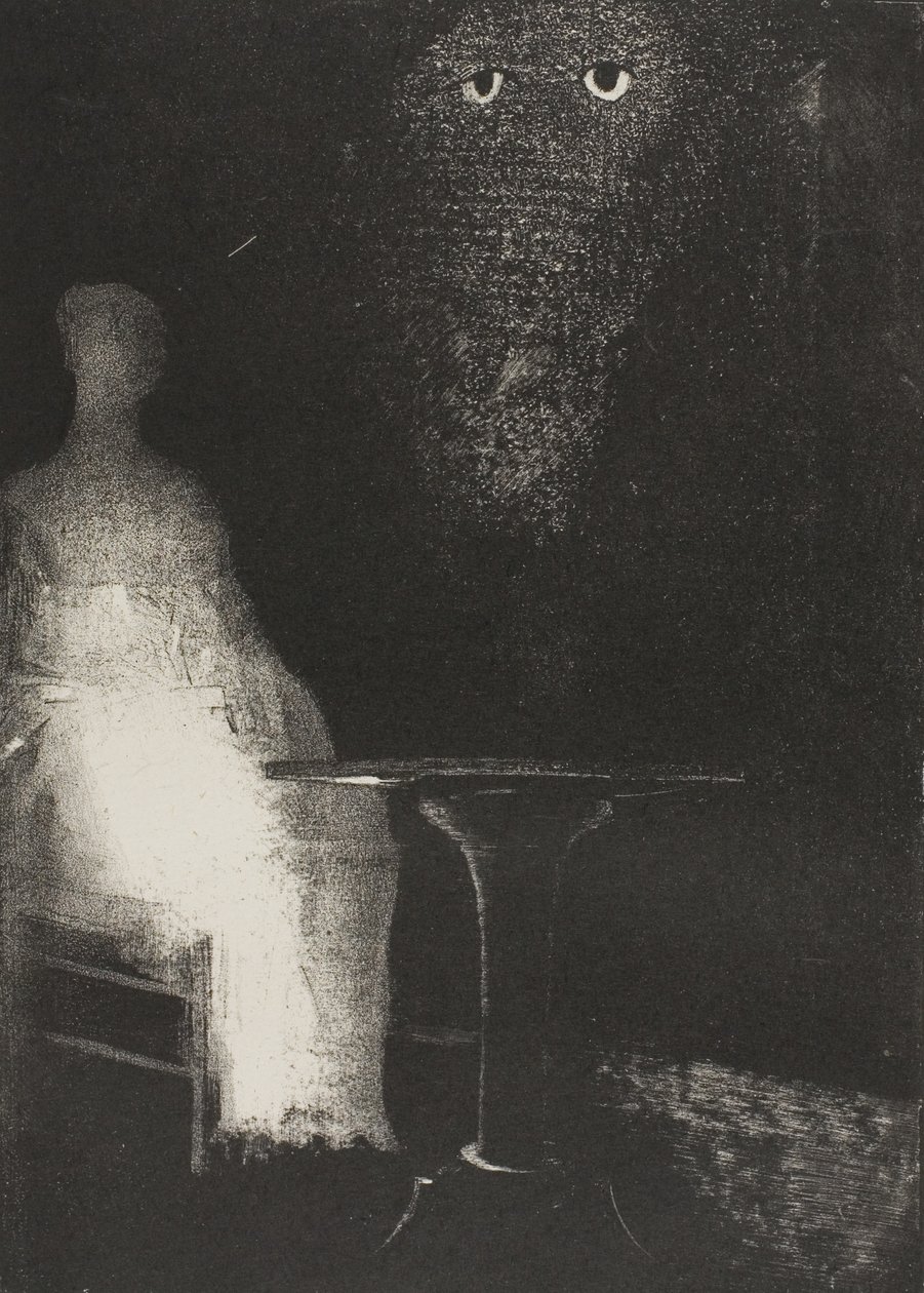 Jeg fortsatte å stirre på stolen, og fancied jeg så på den en blekblå tåkete kontur av en menneskelig figur, plate 1 av 6 av Odilon Redon