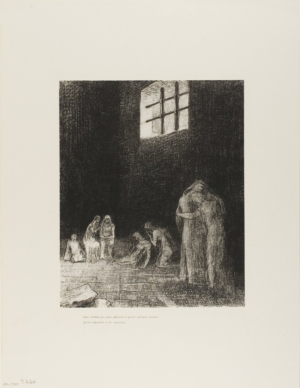 I skyggen er mennesker, gråtende og ber, omgitt av andre som formaner dem, plate 6 av 24 av Odilon Redon