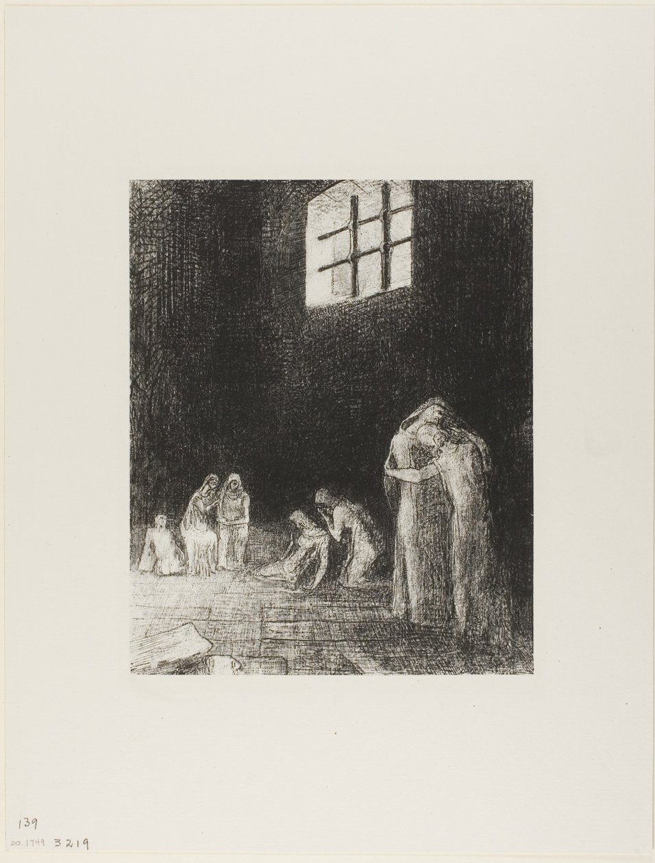 I skyggen er mennesker, gråtende og ber, omgitt av andre som formaner dem, plate 6 av 24 av Odilon Redon