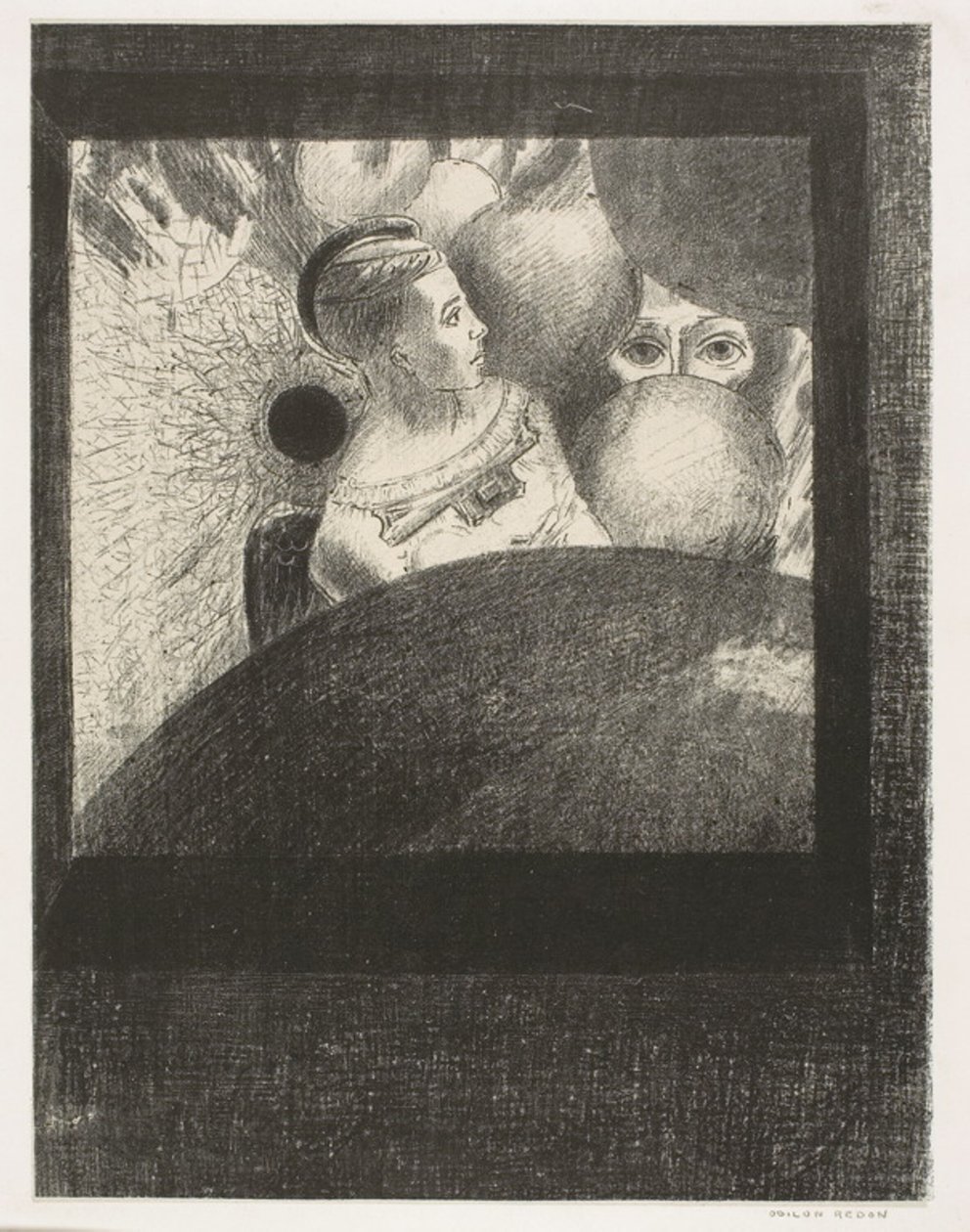 In the Spheres (Pusten som leder levende skapninger er også i SPHERES), plate 5 av 6 fra To Edgar Poe av Odilon Redon