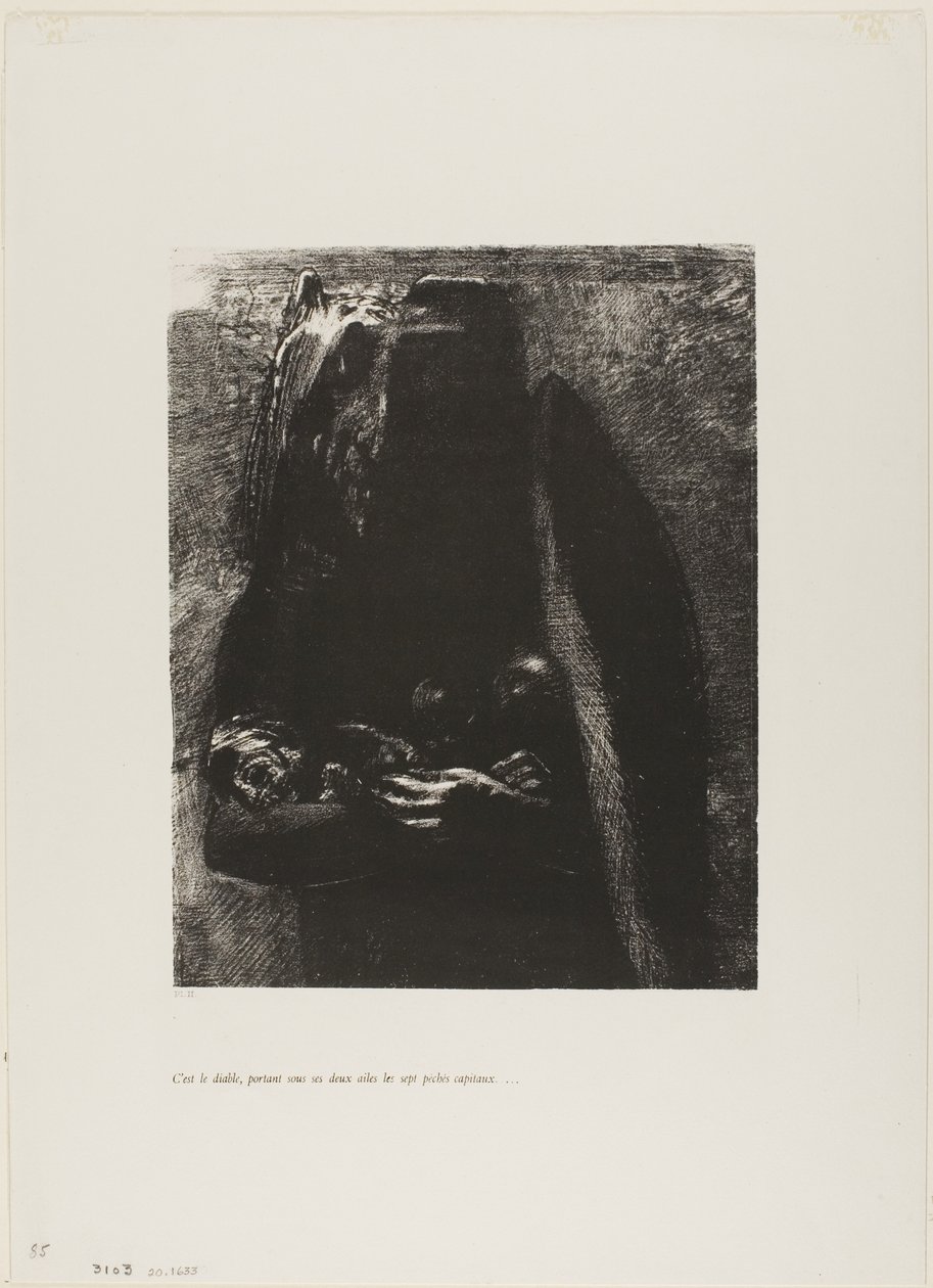 Det er djevelen, som bærer de syv dødssyndene under sine to vinger, plate 2 fra The Temptation of Saint Anthony (1. serie) av Odilon Redon