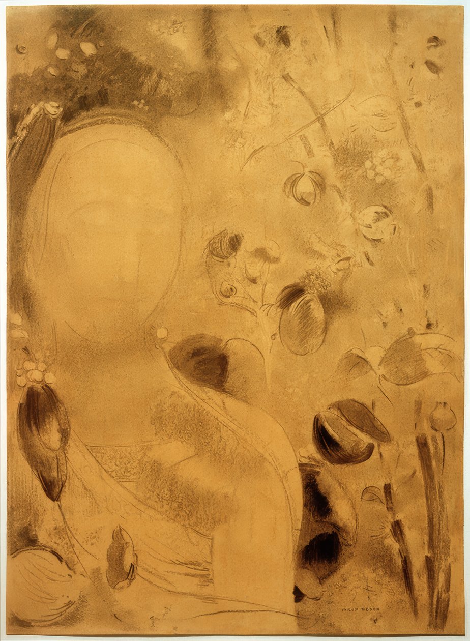 Drømmen, blomster og ansikt av Odilon Redon