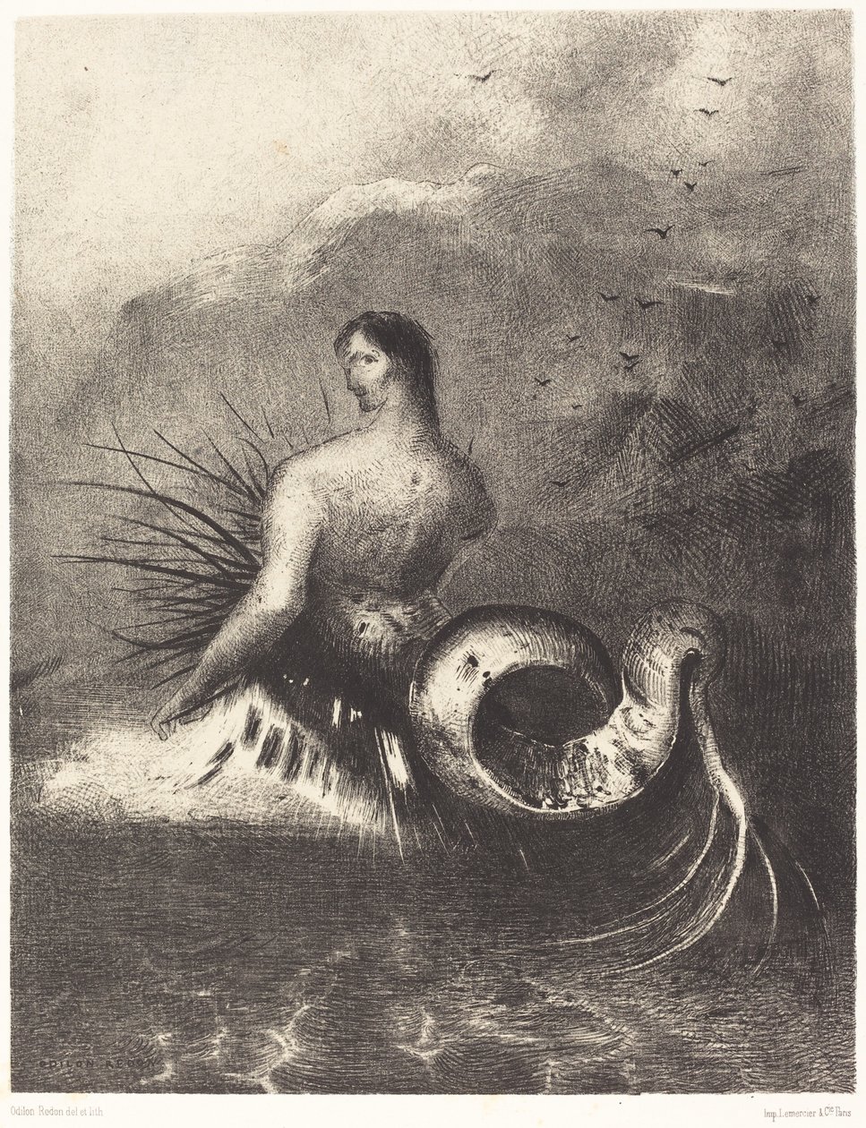 La sirene sortie des flots vetue de dardos (Sirenen kledd i mothaker, dukket opp fra bølgene av Odilon Redon