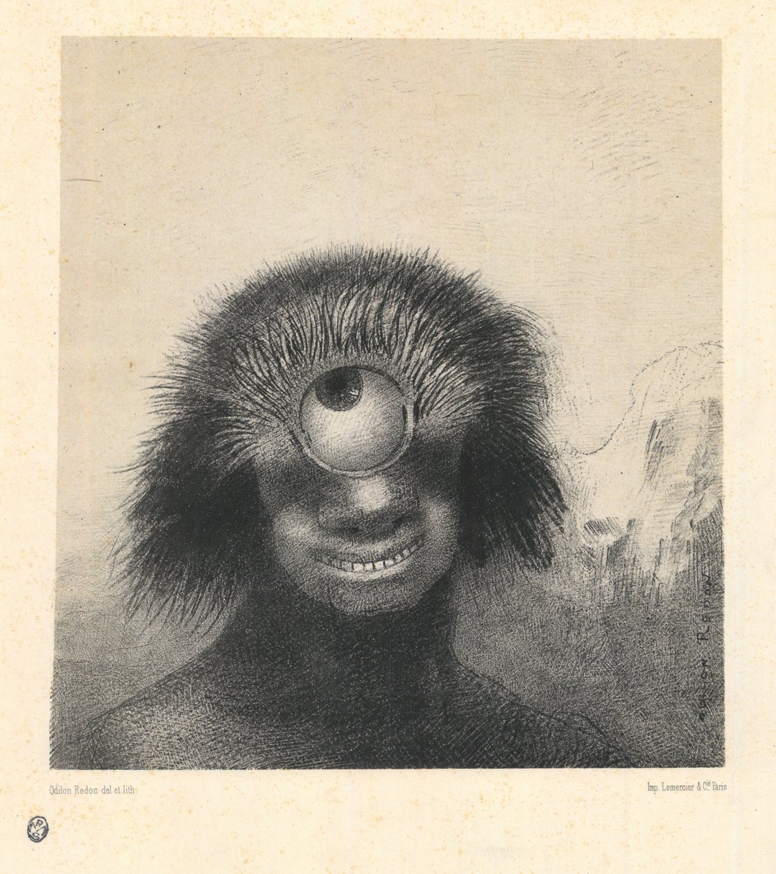 Den misformede polyppen fløt på kysten, en slags smilende og fæle kykloper. Fra serien Les Origines av Redon, Odilon (1840-1916). Litografi, størrelse: 21,4x19,9 av Odilon Redon