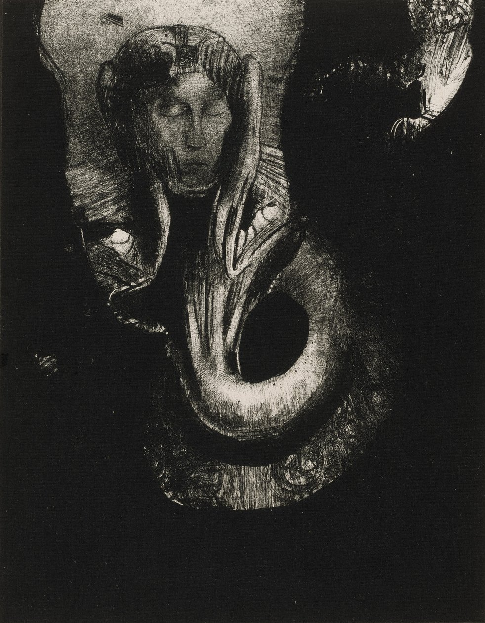 Oannes: "Jeg, den første bevisstheten i kaos, steg opp fra avgrunnen for å herde materie, for å bestemme former," plate 14 fra The Temptation of Saint Anthony (3. serie) av Odilon Redon
