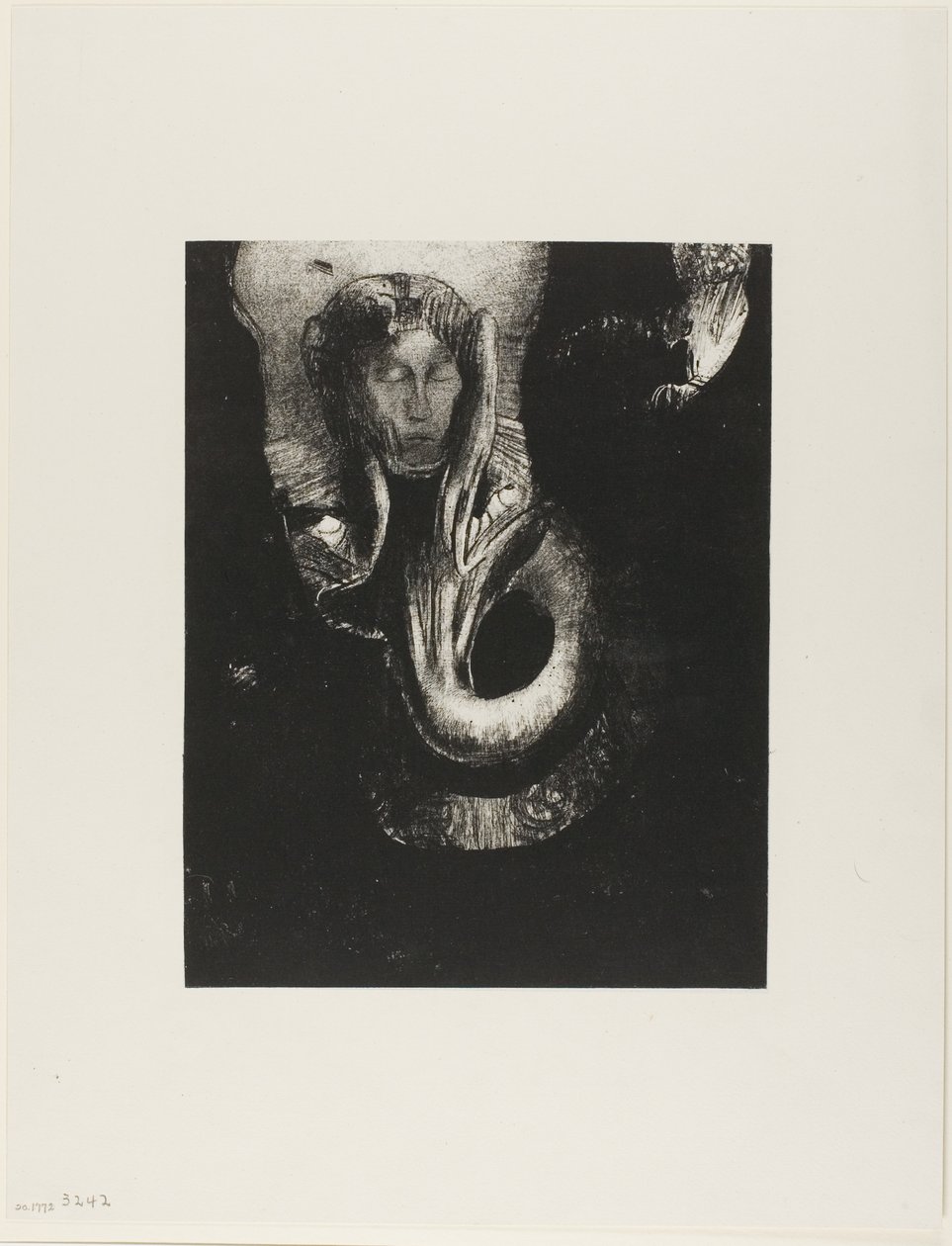 Oannes: "Jeg, den første bevisstheten i kaos, steg opp fra avgrunnen for å herde materie, for å bestemme former," plate 14 fra The Temptation of Saint Anthony (3. serie) av Odilon Redon