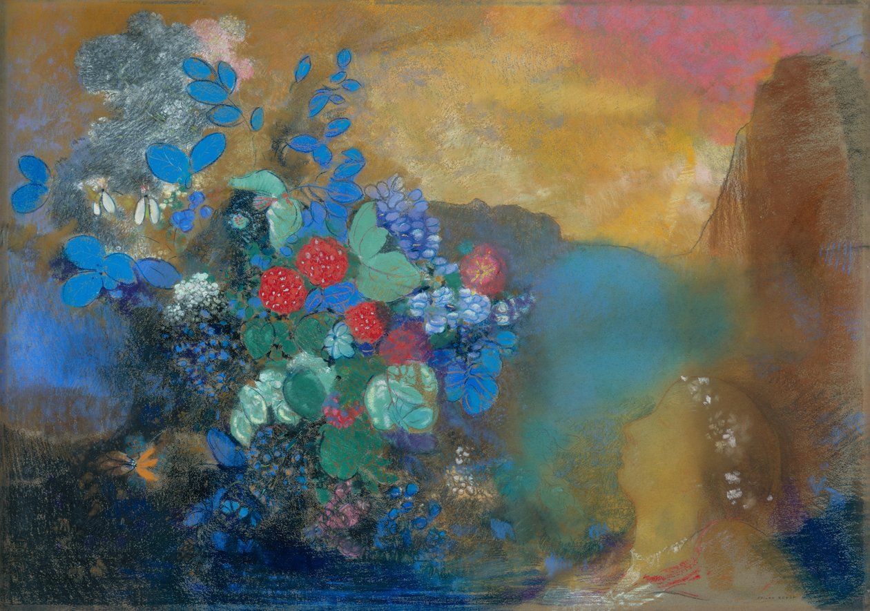 Ophelia blant blomstene, ca. 1905-8 (pastell på papir) av Odilon Redon
