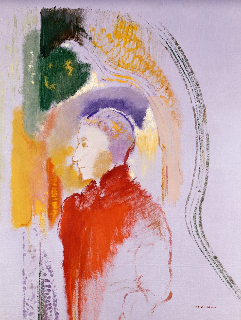 Personnage (olje på papir lagt om bord) av Odilon Redon
