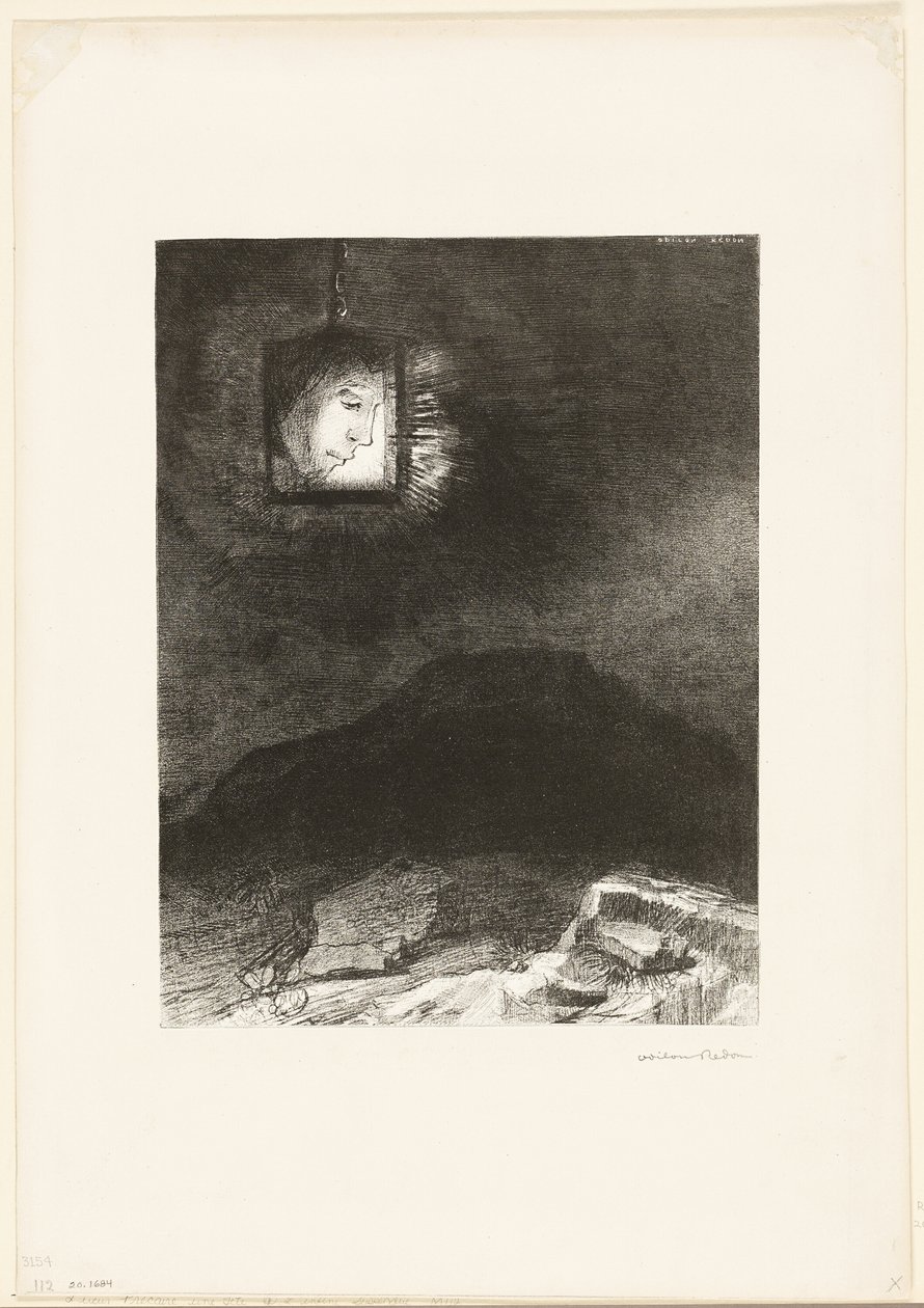 Precarious Glimmering, a Head Suspended from Infinity, plate 3 av 6 av Odilon Redon