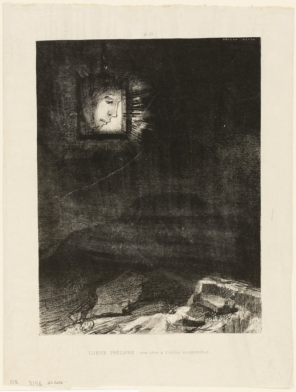 Precarious Glimmering, a Head Suspended from Infinity, plate 3 av 6 av Odilon Redon
