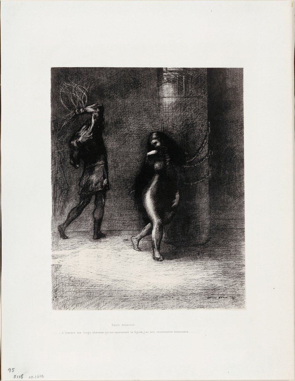 Saint Anthony: "Under det lange håret hennes, som dekket ansiktet hennes, trodde jeg jeg kjente igjen Ammonaria", plate 1 av 6 av Odilon Redon
