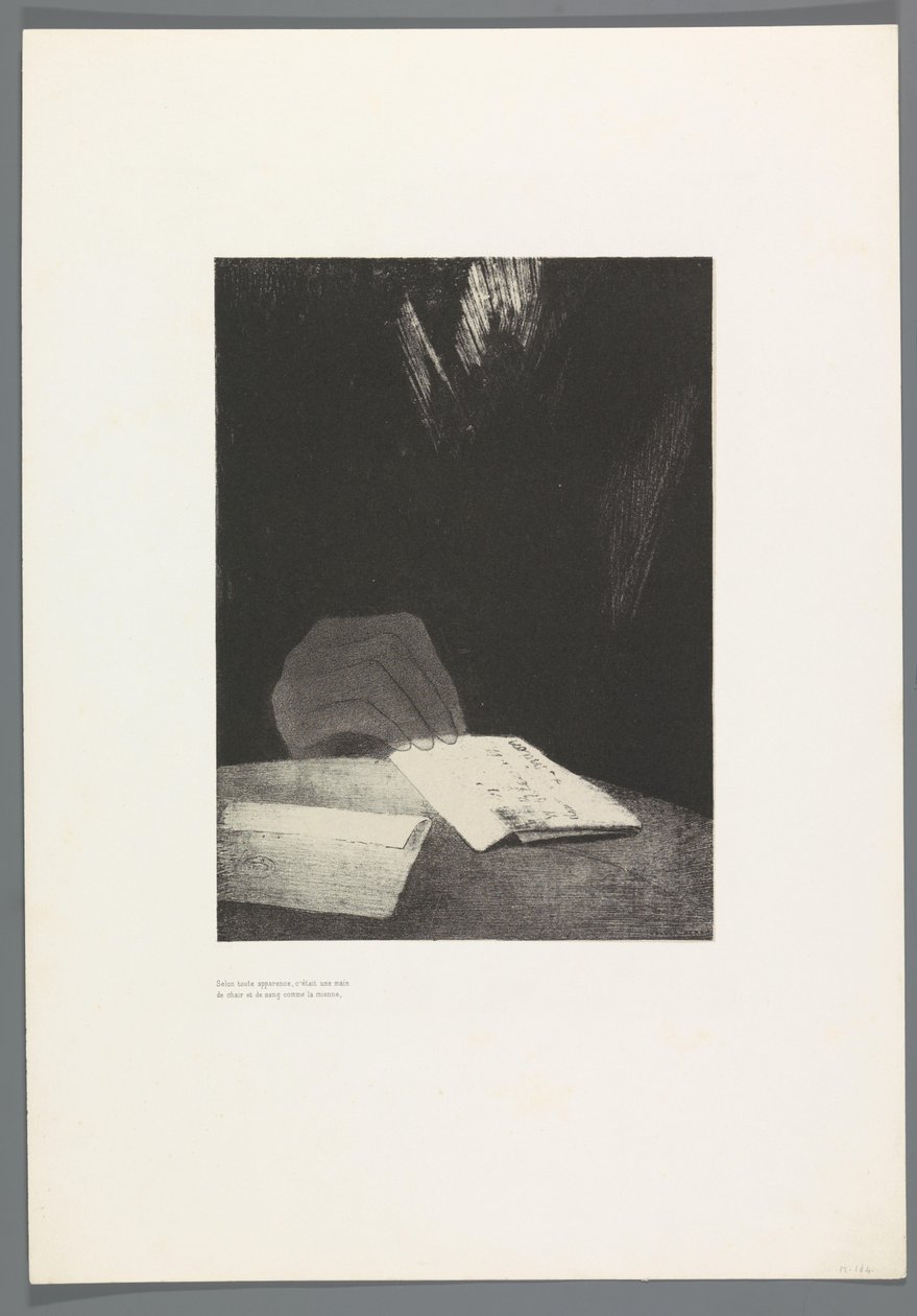 Tilsynelatende var det en hånd av kjøtt og blod som min The High House, 6 lithos omslag titelblad Het Spookhuis, La Maison Hantée, illustrasjoner ved tekst av Bulwer-Lytton, i den franske oversettelsen av René Philipon, (serietittel) av Odilon Redon