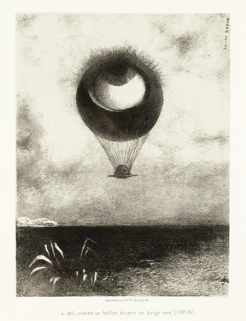 Illustrasjonsserie for Edgar Poe: "The Eye, Like a Strange Balloon, Mounts toward Infinity" Litografi av Odilon Redon (1840-1916) av Odilon Redon