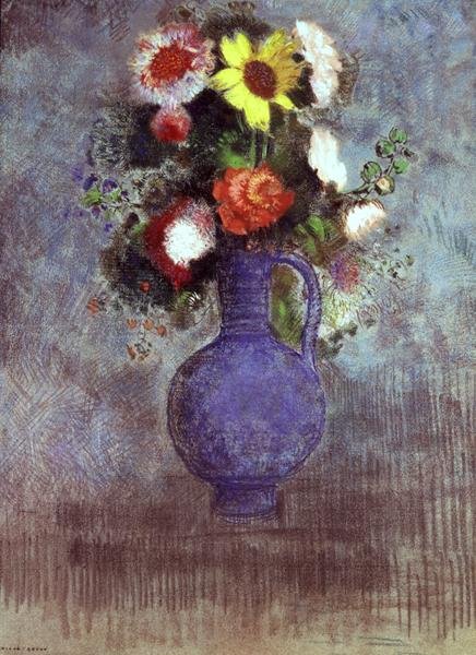 Stilleben av blomster i en blå vase (pastell) av Odilon Redon