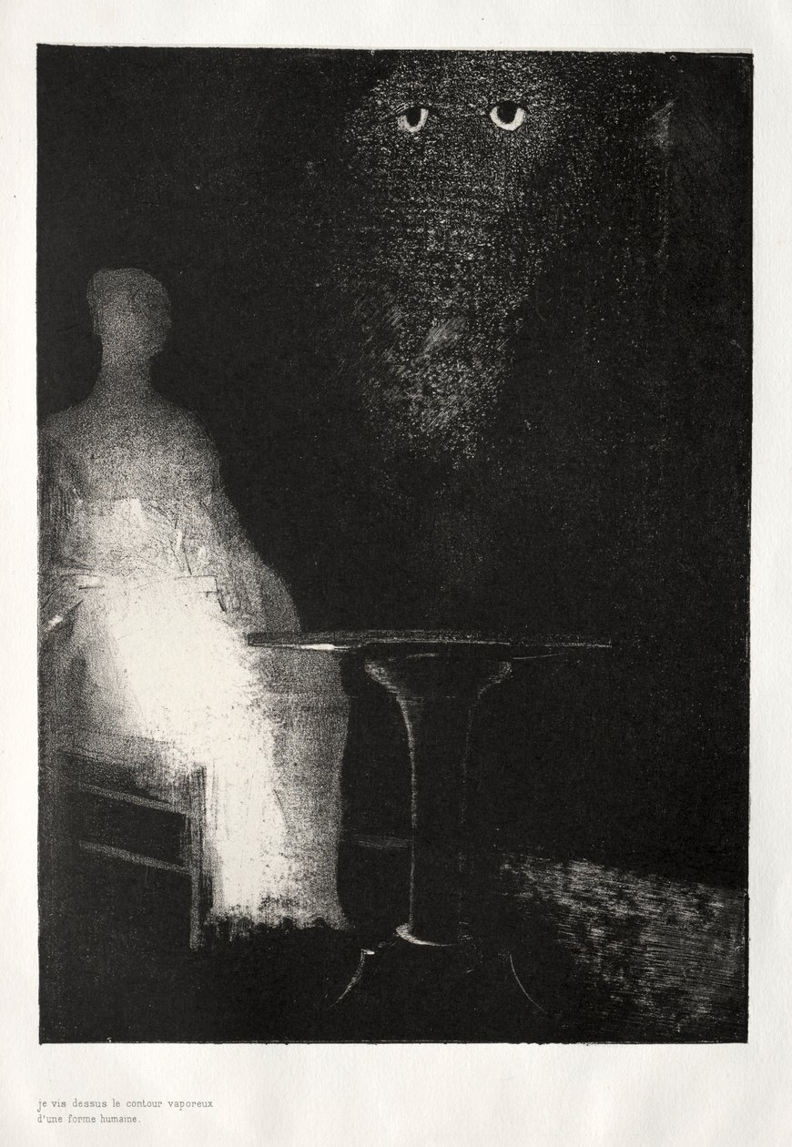 The Haunted House: Jeg fortsatte å stirre på stolen, og fant jeg så på den en blekblå..., 1896. av Odilon Redon