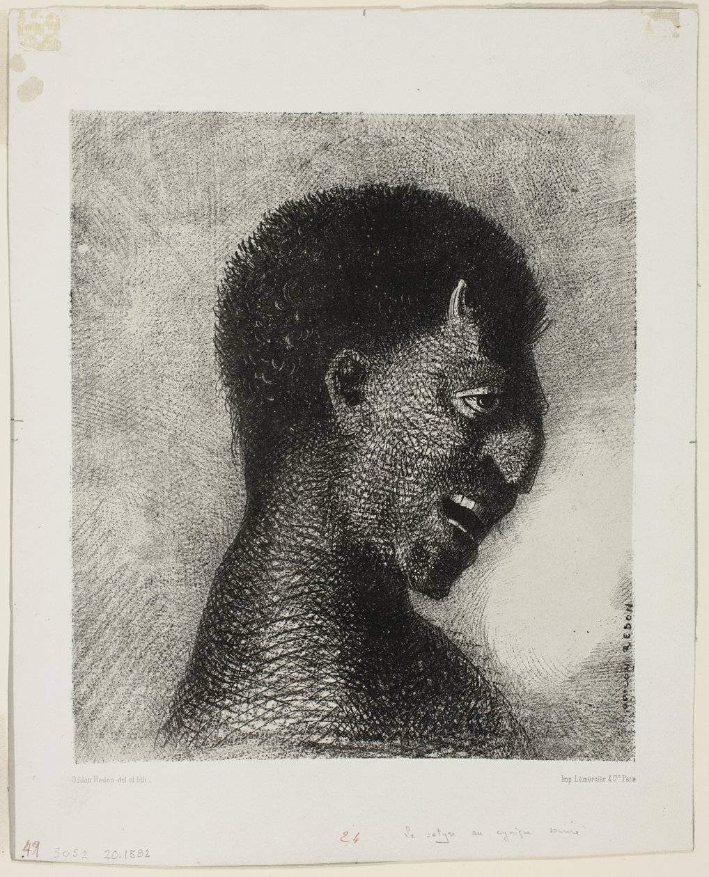 Satyren med det kyniske smilet, plate 5 av 8 fra "Les Origines" av Odilon Redon