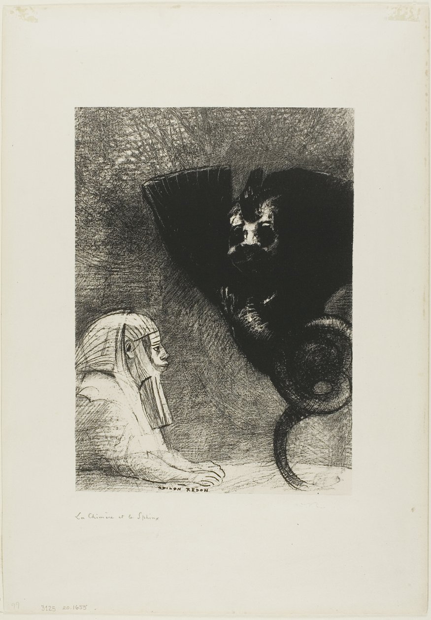 Sfinksen: "... mitt blikk som ingenting kan avlede, passerer gjennom gjenstander, forblir festet på en utilgjengelig horisont." The Chimera: "For meg er jeg lett og glad," plate 5 fra Til Gustave Flaubert av Odilon Redon