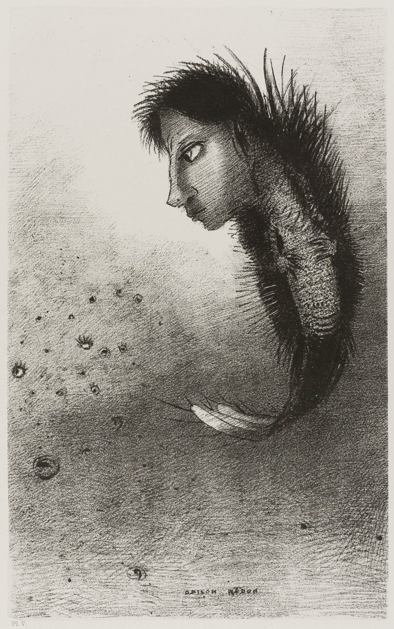 Så dukker det opp et enkelt vesen som har hodet til en mann på kroppen til en fisk, plate 5 av 10 av Odilon Redon