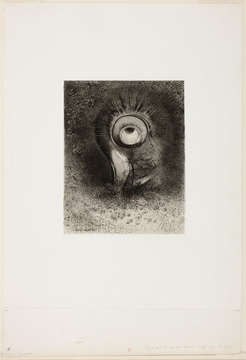 Det var kanskje et første syn forsøkt i blomsten, plate 2 av 8 fra "Les Origines" av Odilon Redon