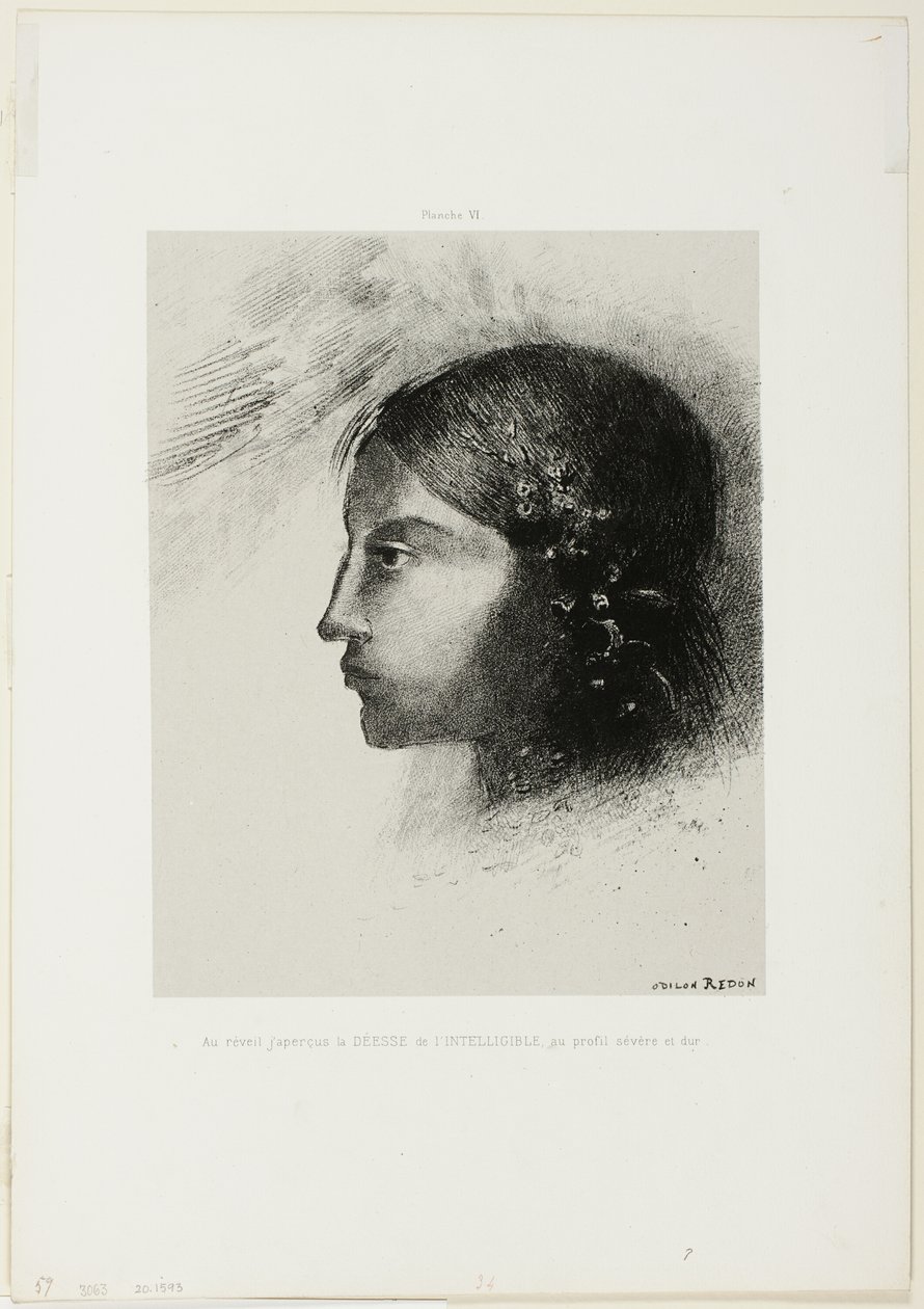 Upon Awakening så jeg gudinnen til det forståelige med sin alvorlige og harde profil, plate 6 av 6 av Odilon Redon