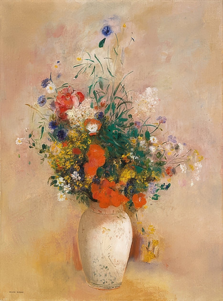 Vase med blomster (rosafarget bakgrunn). Rundt 1906 av Odilon Redon