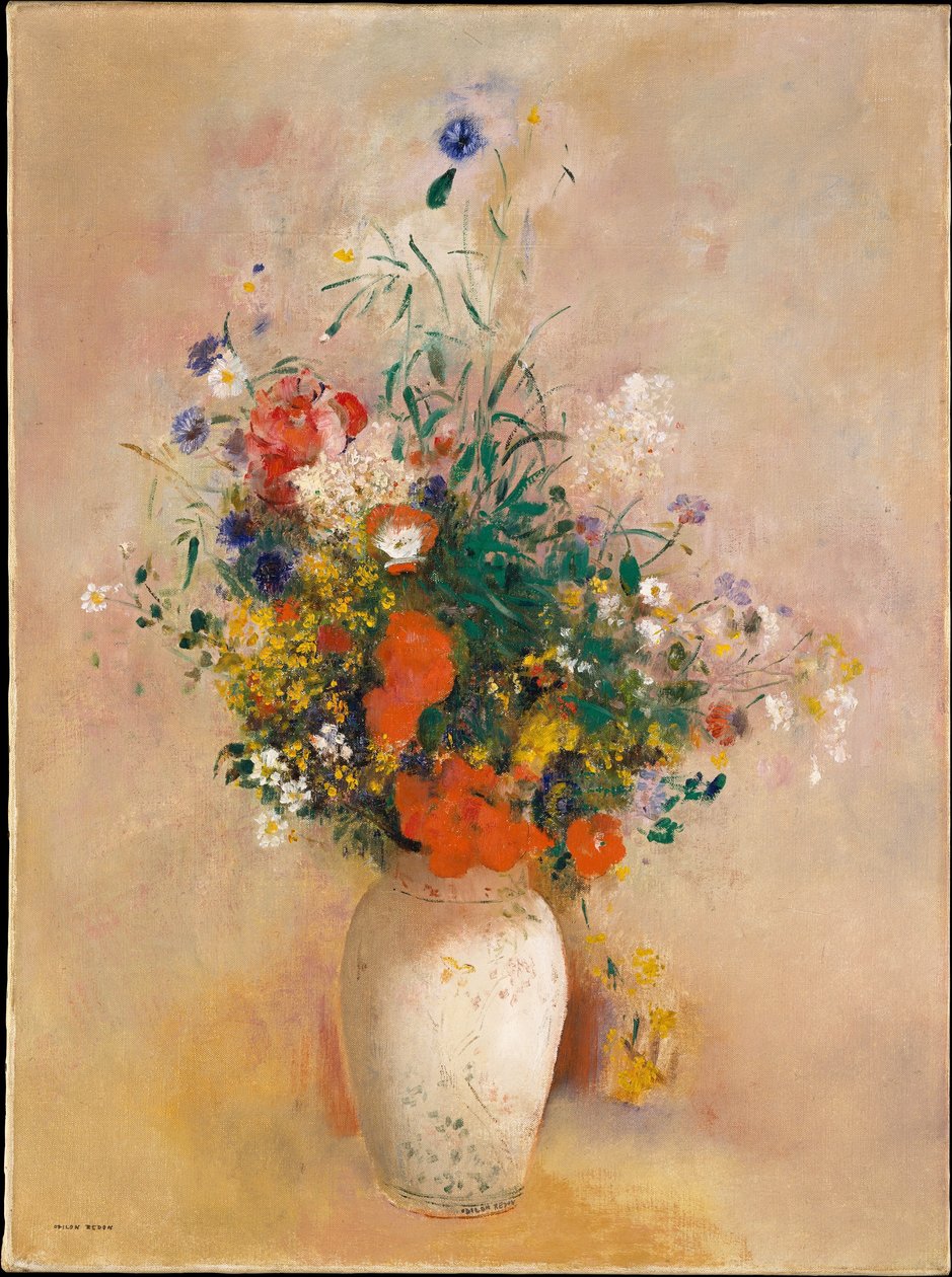 Blomstervase (rosa bakgrunn) av Odilon Redon