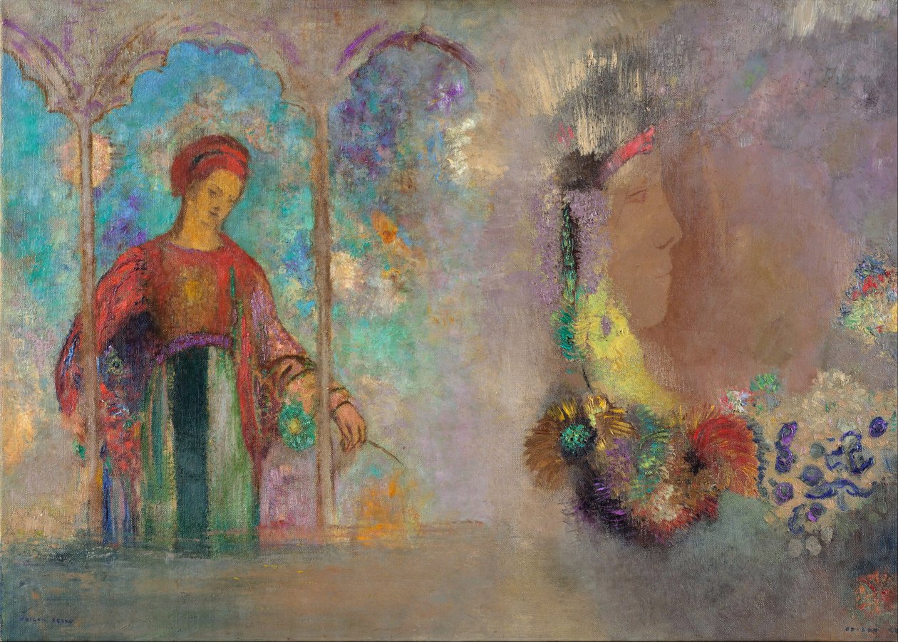 Kvinne i en gotisk arkade - Kvinne med blomster - Peinture de Odilon Redon (1840-1916) av Odilon Redon