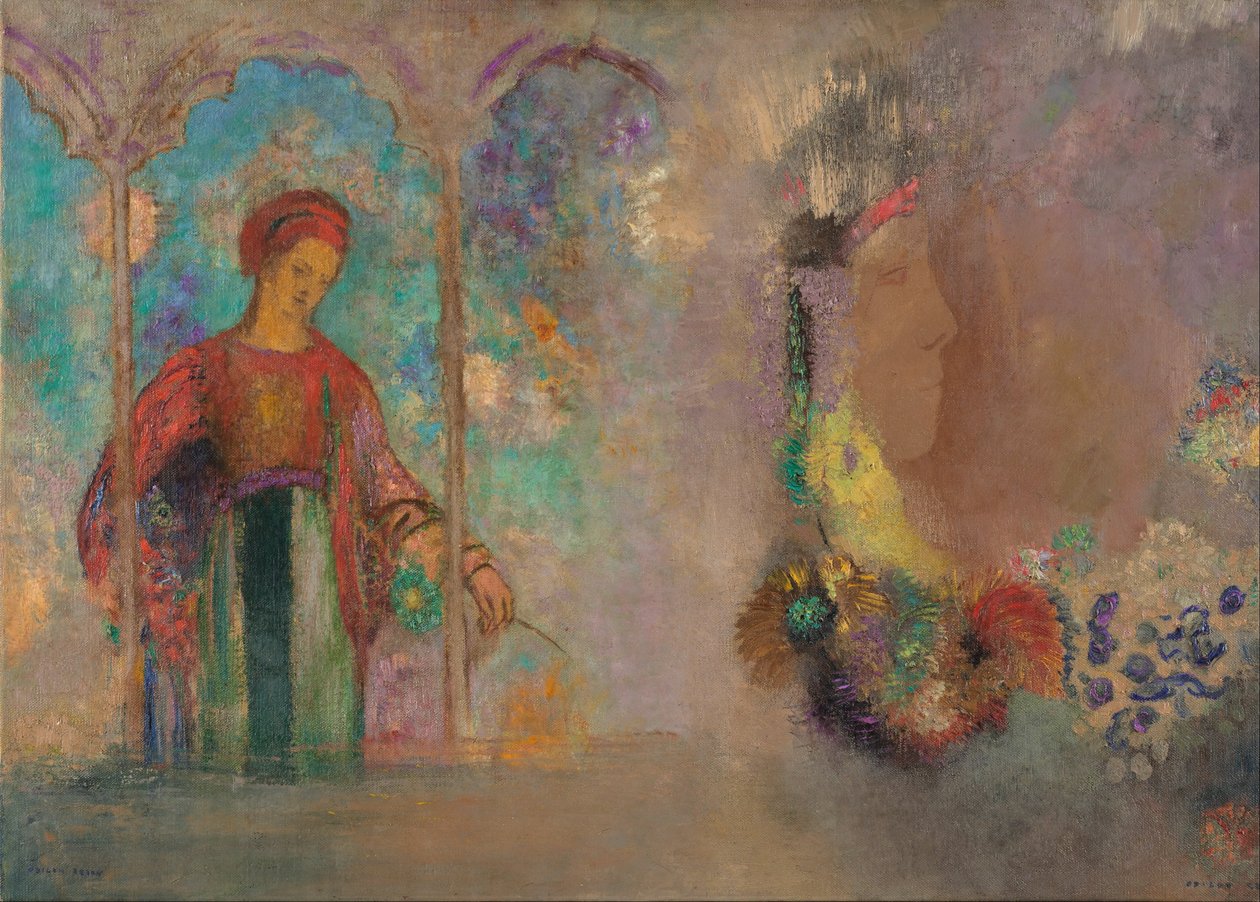 Kvinne i en gotisk arkade: kvinne med blomster av Odilon Redon