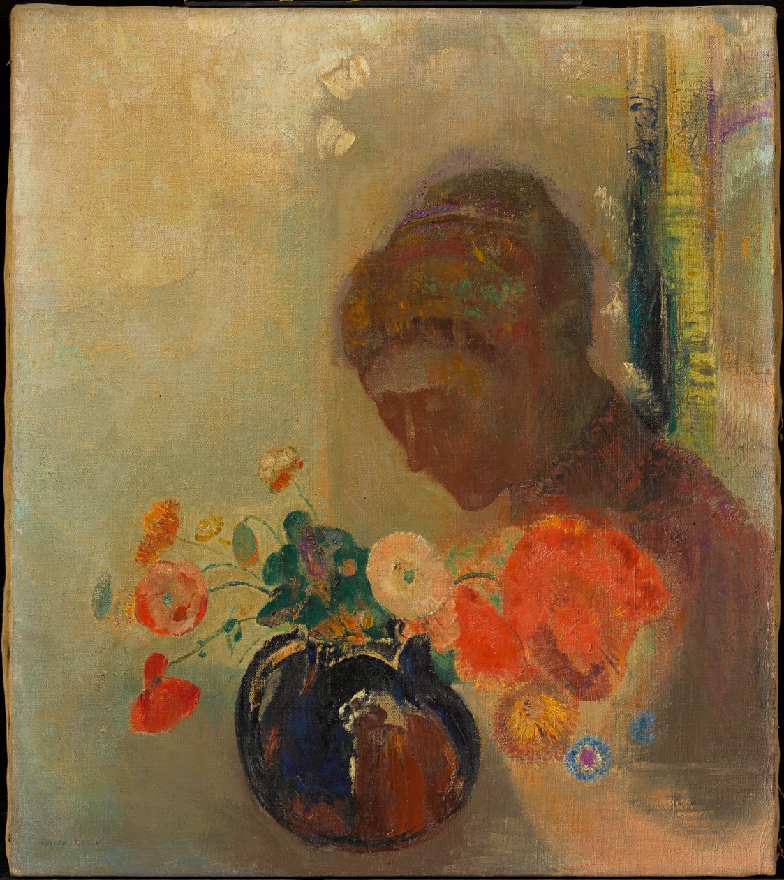 Kvinne med en vase blomster av Odilon Redon