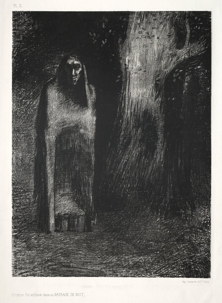 The Night: The Man Was Alone in a Night Landscape, 1886. av Odilon Redon Lemercier and Cie.