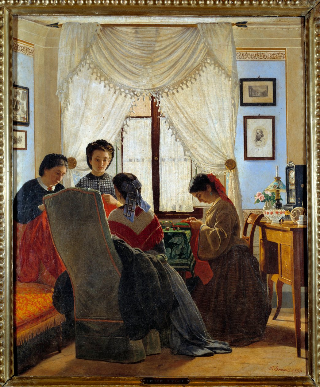Risorgimento: "" Kvinner syr røde skjorter"" Maleri av Odoardo Borrani (1834-1905) 1863 Privat samling av Odoardo Borrani