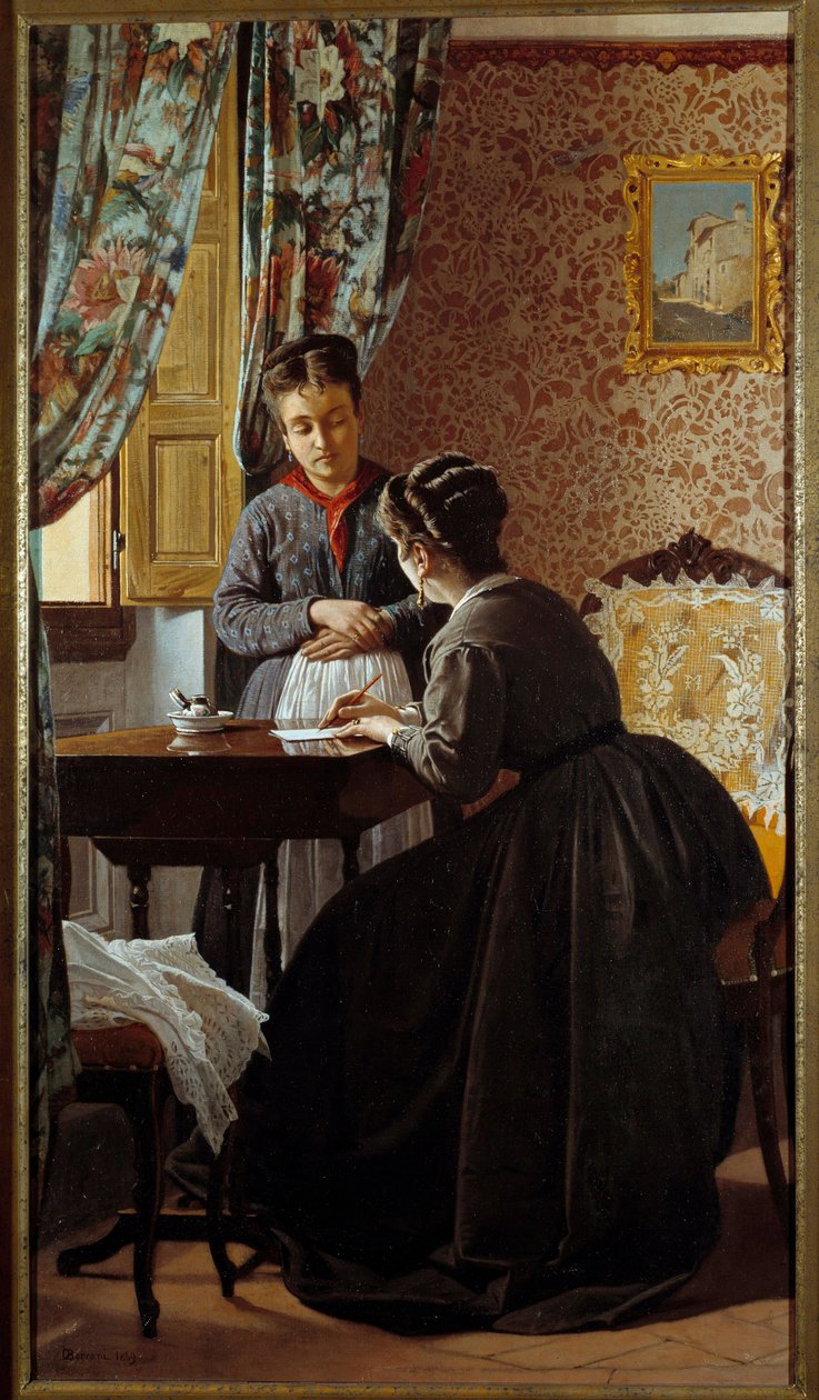 Analfabeten eller kvinnen som skriver et brev til sin hushjelp Maleri av Odoardo Borrani (1834-1905) 1869 Privat samling av Odoardo Borrani