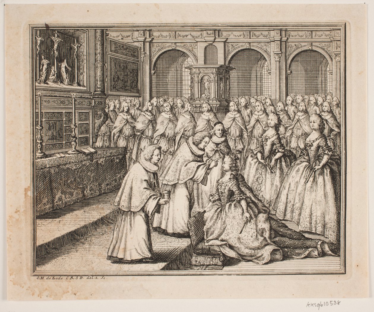 Biskop Hersleb salver Dronning Louise i Frederiksborg Slottskirke. Illustrasjon til Frederik d. IVs salvingshandling av Odvardt Helmoldt de Lode