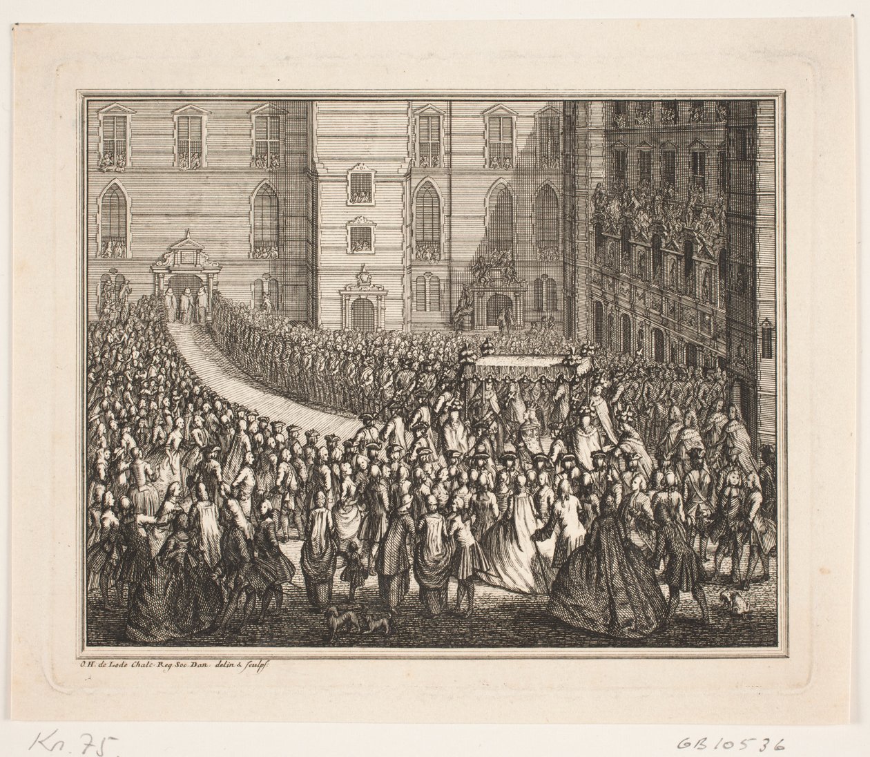 Kong Frederik V i prosesjon til salvingsseremonien i Frederiksborg Slottskirke. Illustrasjon til Frederik d. IVs salvingshandling av Odvardt Helmoldt de Lode