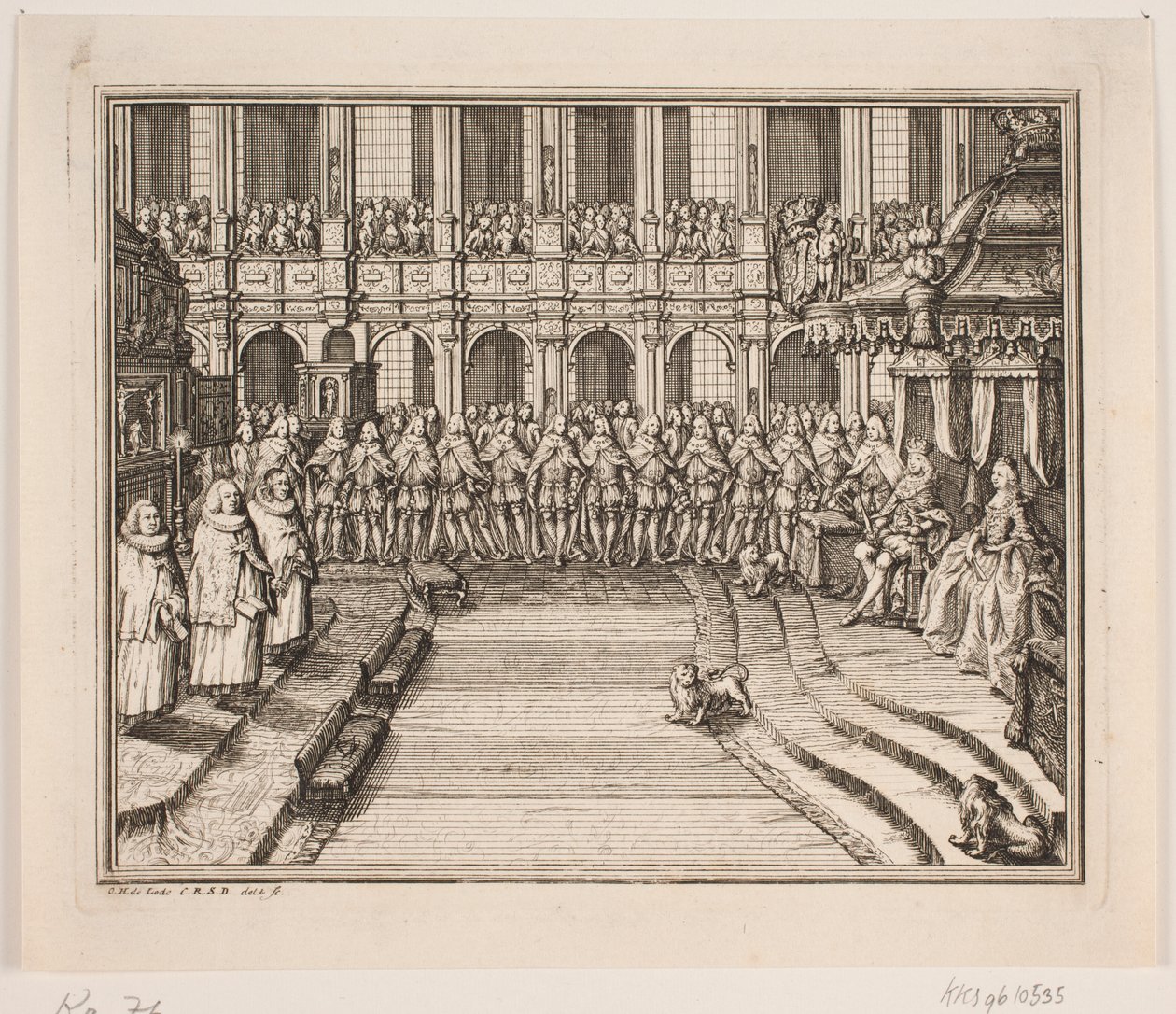 Kong Frederik V og Dronning Louise under salvelsesseremonien i Frederiksborg Slottskirke. Illustrasjon til Frederik d. IVs salvingshandling av Odvardt Helmoldt de Lode