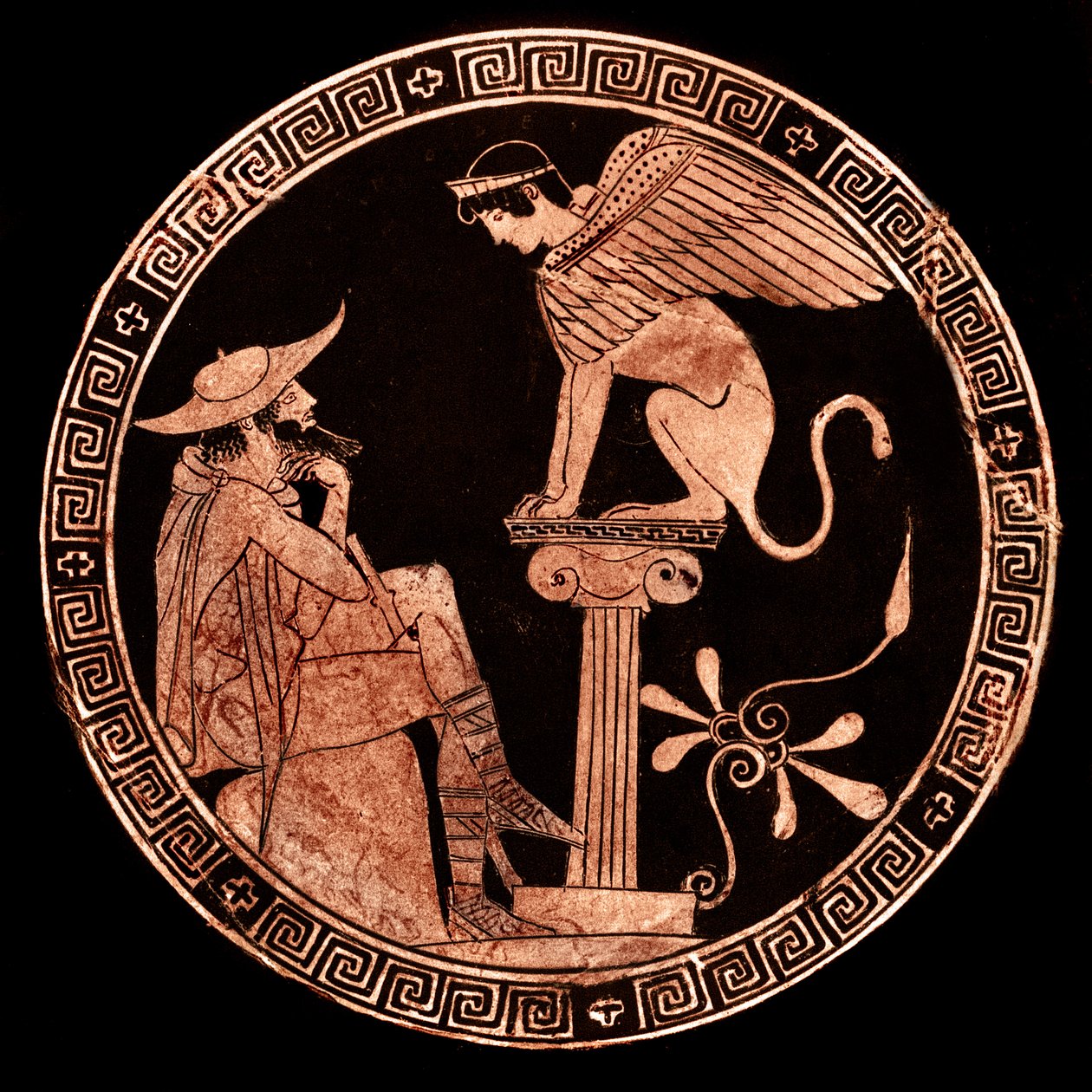Rød figur Attic kylix som viser Ødipus og sfinksen, Vulci, ca. 470 f.Kr. (keramikk) av Oedipus Painter (attr. to)