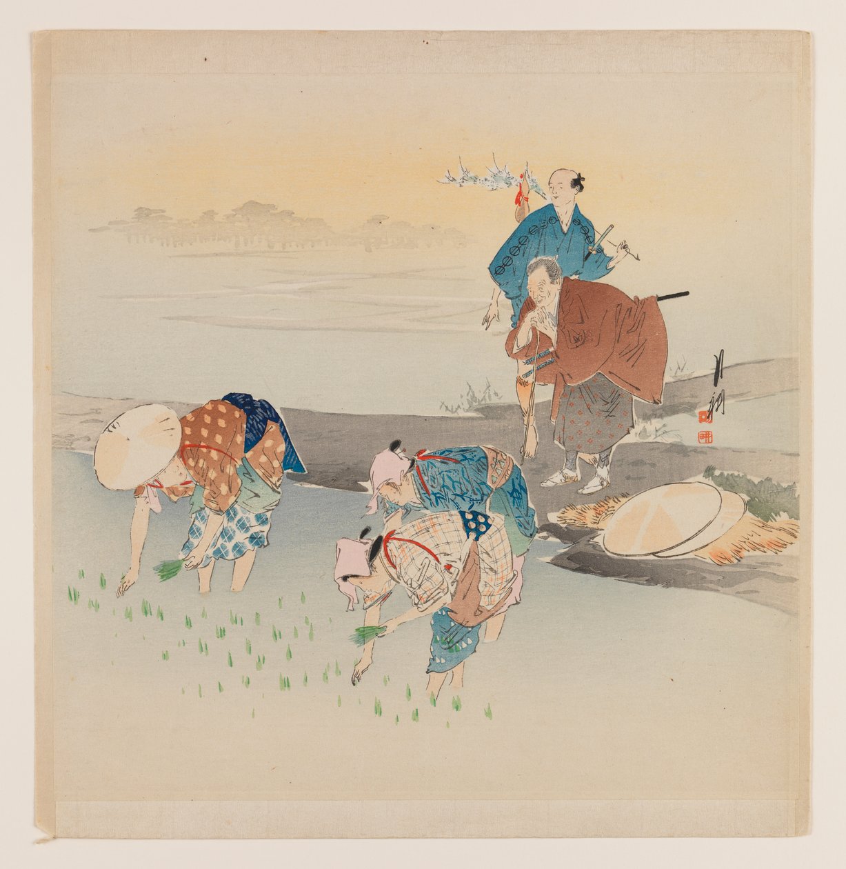 Mann og kvinne som planter ris, ca. 1890-1910 (fargetrykk av treblokk) av Ogata Gekko