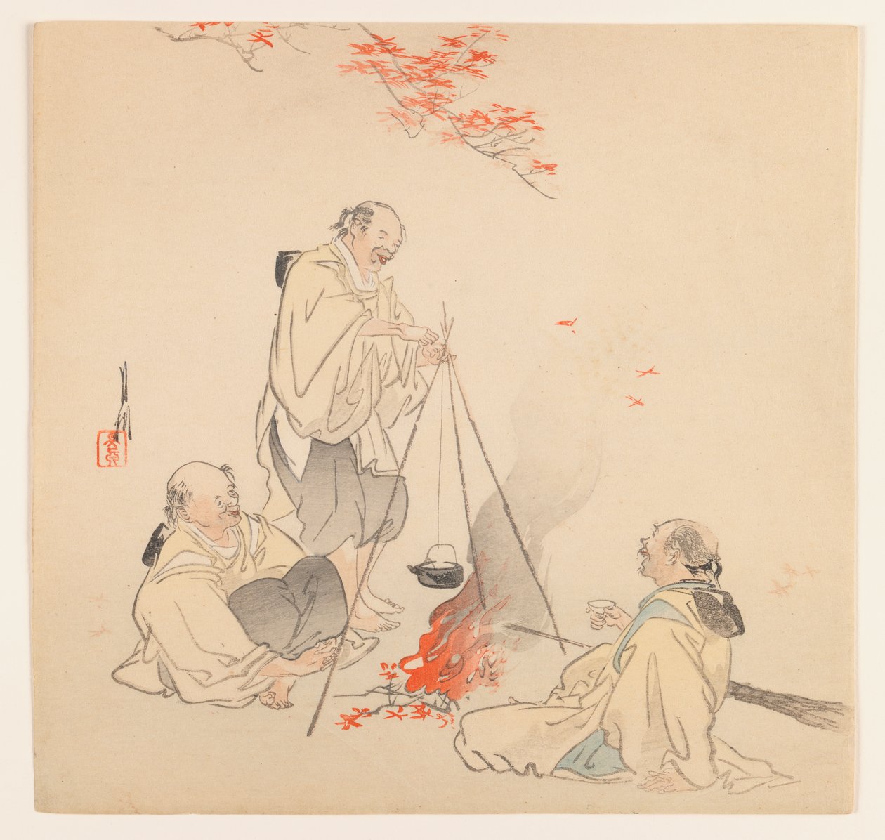 Men by Fire in Autumn, ca. 1890-1910 (fargetrykk av treblokk) av Ogata Gekko