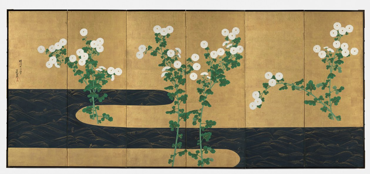 Chrysanthemums by a Stream, et par foldbare skjermer med seks paneler, sent på 1700-tallet – tidlig på 1800-tallet (blekk og farge på forgylt papir) av Ogata (follower of) Korin
