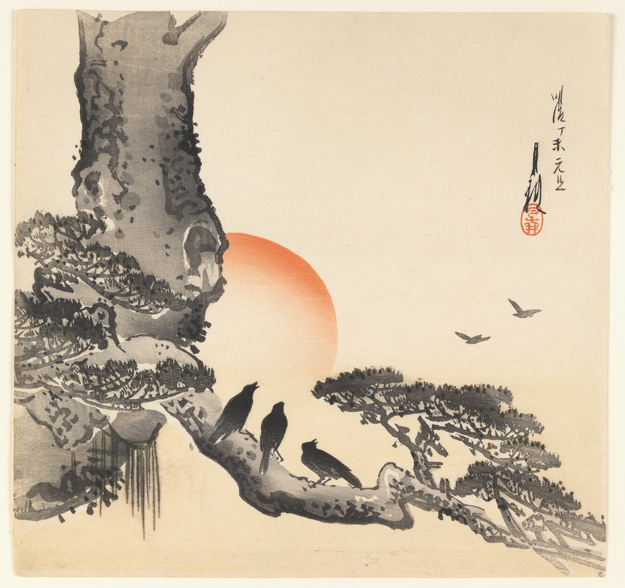 Kråker på en trestamme, Meiji-perioden, ca. 1890-1910 (treblokktrykk i farger) av Ogata Gekko